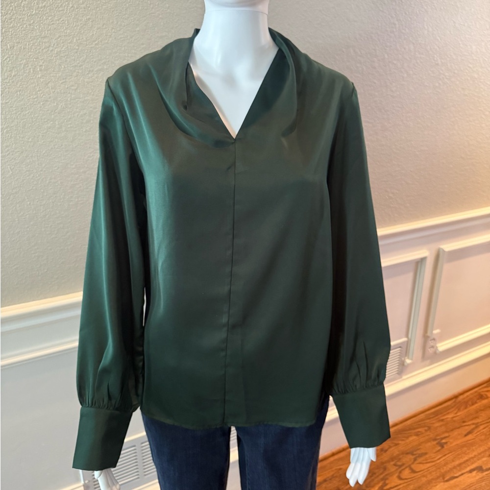 She + Sky Deep Green Satin V-Neck Long Sleeve Blouse